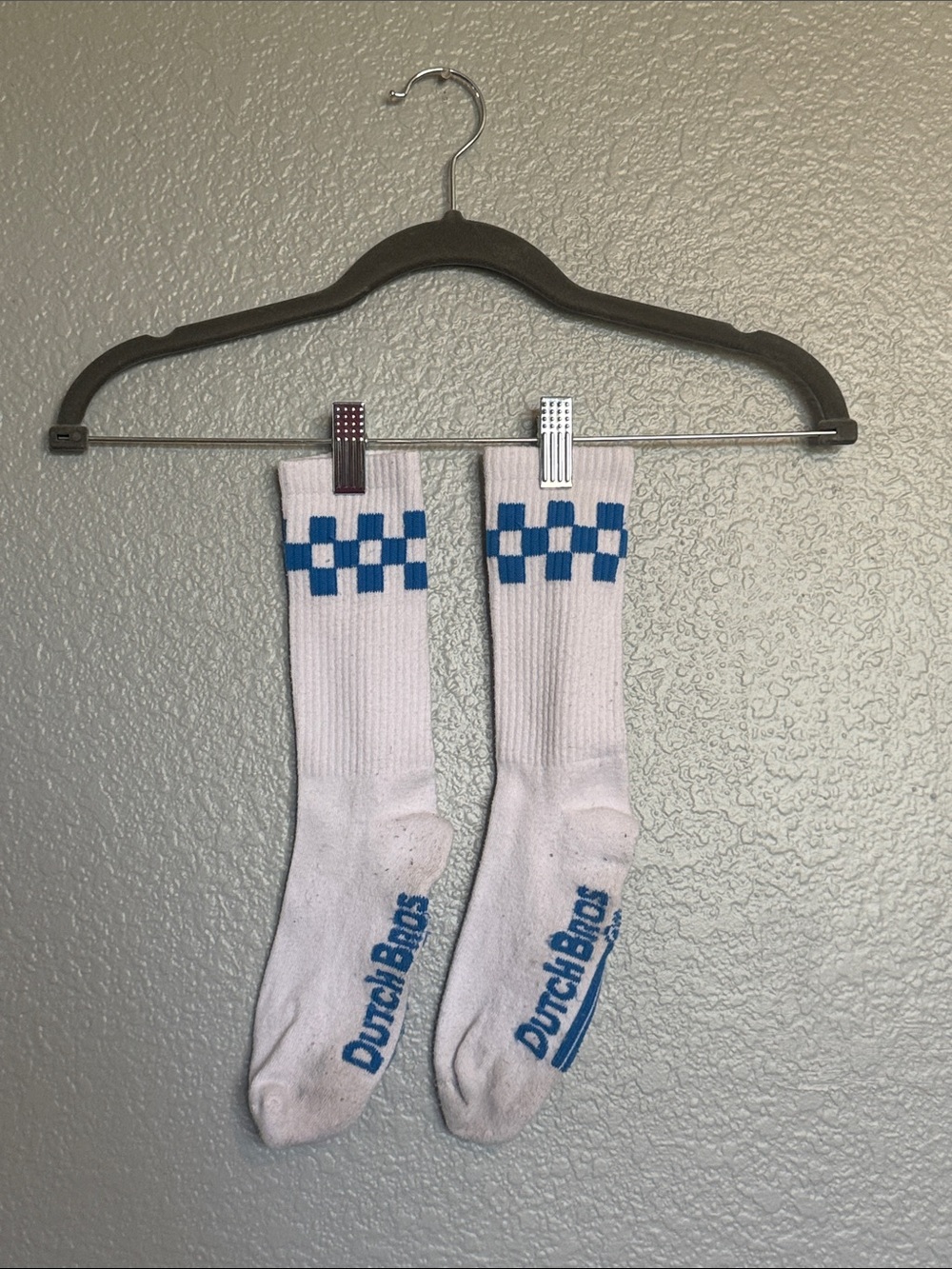 Dutch Bros White Crew Socks with Blue Checker Cuff